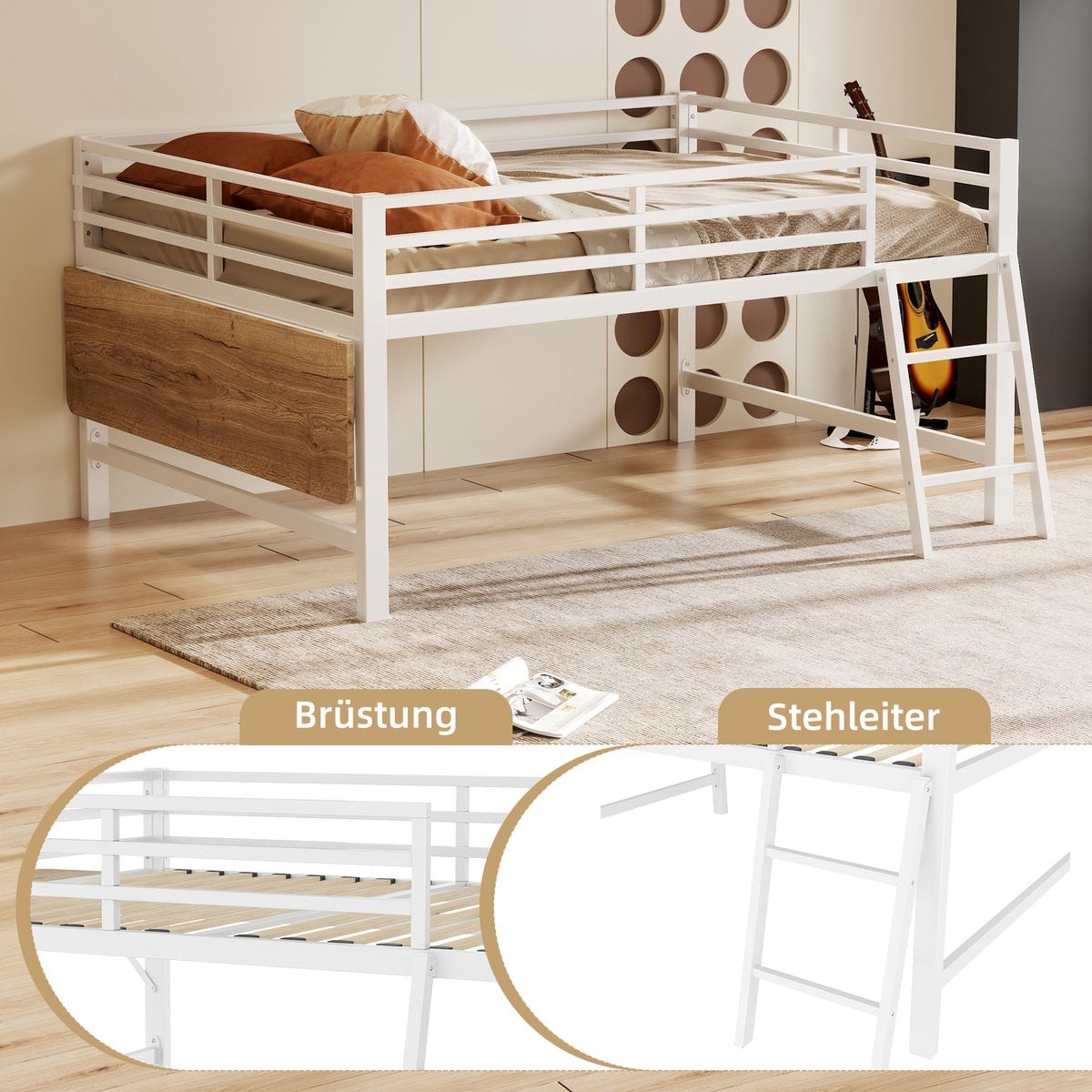 Halfhoogslaper voor kinderen met bureau, ladder, beschermrail en LED-verlichting - Wit - B/D: 140 x 200 cm