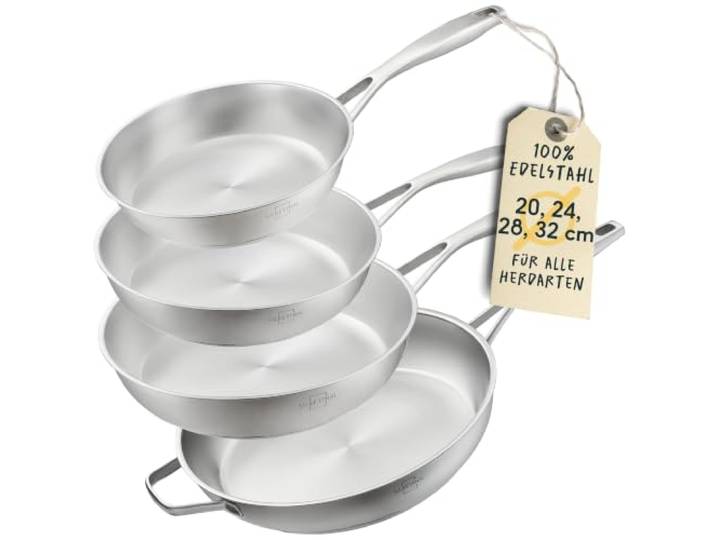 SILBERTHAL Pfannen Set 4 teilig - Edelstahlpfanne Unbeschichtet 20, 24, 28 & 32 cm - Induktionsgeeignet - Backofenfest bis 400° und spülmaschinengeeignet