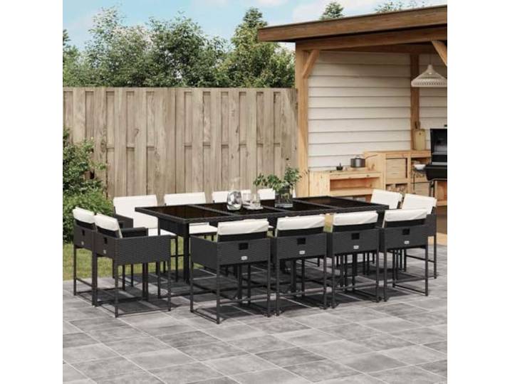 KTHLBRH Gartenmöbel-Set, 13-teilig, mit schwarzem Glastisch Strapazierfähiges Polyrattan, waschbare Kissen, Klappstühle, 110 kg pro Sitzfläche
