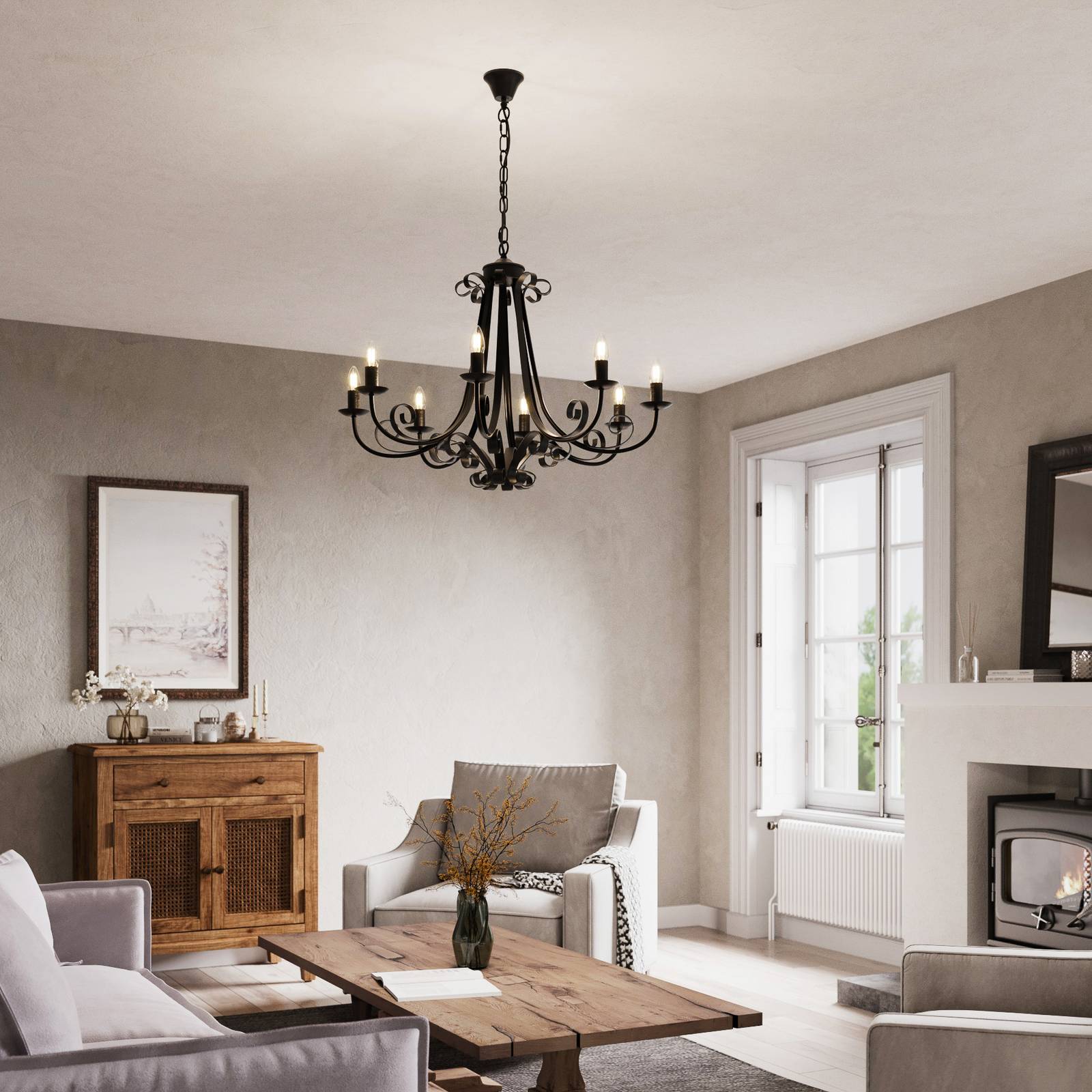 Chandelier Scaleria Lindby, dimmable, Brown / rust, Living / Dining Room, metal, Antique, Ceiling Light