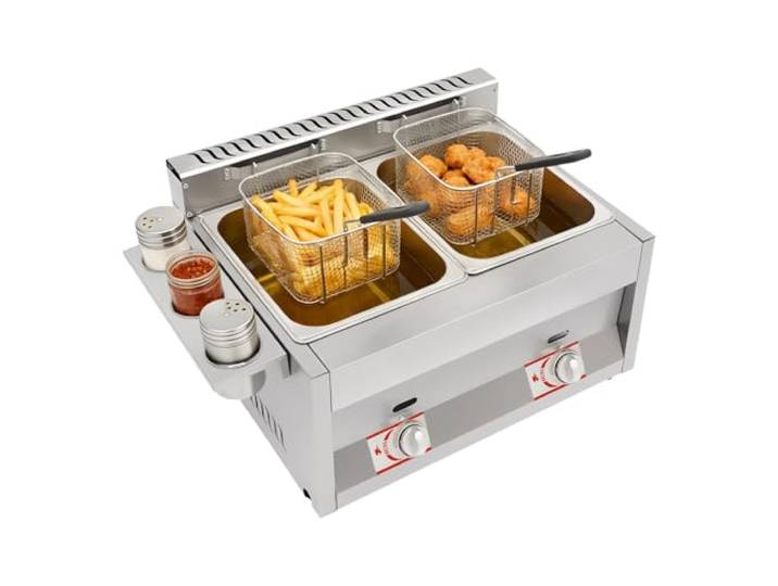 Gasfritteuse Mit Korb Und Deckel, 12L Doppel Gewerbliche Fritteuse, Gewerbliche Fritteuse Aus Edelstahl Mit Zwei Frittierbehältern, Unabhängige Temperaturregelung