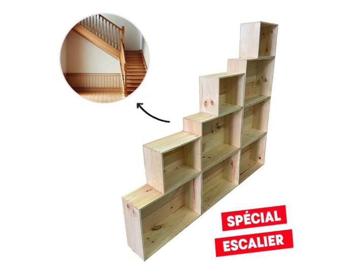 Etagere escalier bibliotheque bois - Meuble 9 cases 100% pin massif pour rangement décoration [ Bibliothèque escalier ]