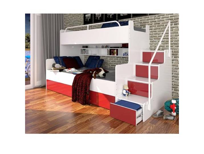 Marlux-Meble Hochbett Kinderbett JSM-3 mit Treppe 80x190 + 120x190 Hochglanz Kinderbetten Funktionsbett Etagenbett Stockbett Kinderhochbett Jugendhochbett (Rot Glanz)