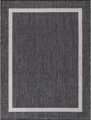 Beverly Rug Bordered Indoor Outdoor Rug, Outside Carpet for Patio, Deck, Porch - Dark Grey
