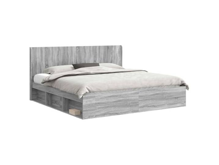 PUGYNBK Bettgestell mit Aufbewahrung, Kopfteil Sonoma Grau Lattenrost, Seitenfächer, robustes Holz, modernes Design