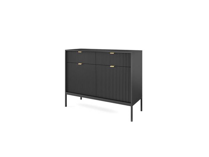 Ravio Schwarze Moderne Geriffelte Kommode Kioto K2D2Sz (Schwarzes Gestell, Soft-Close Türen), Metall, 4 Fächer, Rechteckig, 104x83x39 cm, Kleinmöbel, Kommoden, Kommoden
