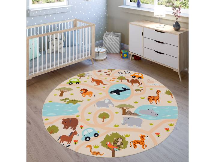 Kinderteppich PACO HOME Bino 580 , bunt (mehrfarbig), H:4mm Ø:200cm, Polyester, Teppiche, Kinderteppich, Spielteppich, Motiv Strasse & Autos, Kinderzimmer