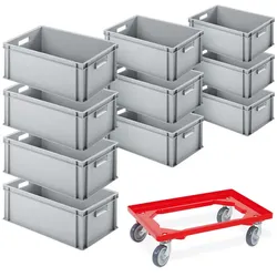 BRB 10 Eurobehälter, LxBxH 600x400x220 mm, grau + 1 Transportroller