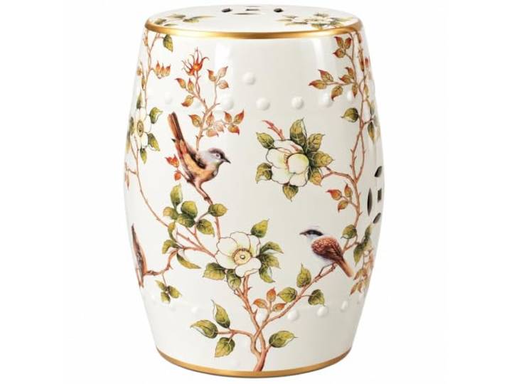 Keramik-Gartenhocker im Chinoiserie-Stil – Handbemalter Beistelltisch Terrassenhocker, Blumen-Vogel-Motiv, Goldfarbene Details, 28x45 cm, für drinnen & draußen(White B)
