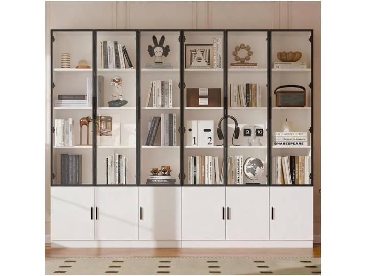 WOVREO Vitrine haute 240 cm 12 portes en verre LED app MDF blanc