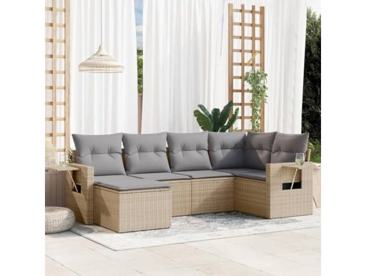 ZQQLVOO 6-TLG. Poly Rattan Sofagarnitur Beige mit Kissen Modulares Design, klappbare Ablagen, abnehmbare waschbare Bezüge, Beistelltisch