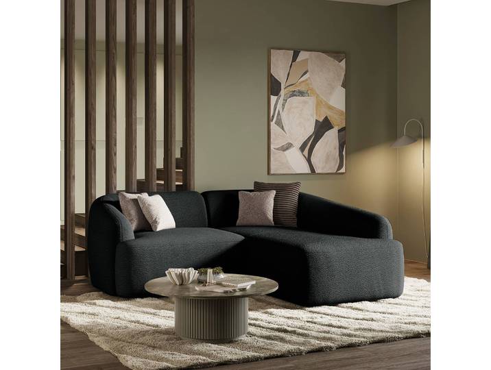 Ecksofa Balah Schwarz Bouclé Stoff Anouk 216cm Ecke davorstehend rechts Modern