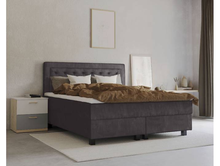 Boxspringbett, 100% Polyester, Grau, 141×208 cm, Inkl. Topper & Taschen-Federkernmatratze, Modern, Leonique Jeanne