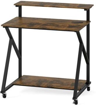 Costway 32 Inch Rolling Computer Desk for Small Spaces with Power Outlets-Rustic Brown