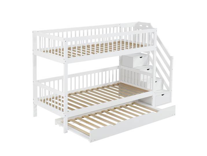 Oxeza Etagenbett 90/200 cm Weiß mit Ausziehbett 90/190 cm und Stauraumtreppe, Holz, Mode, Rechteckig, 90x200 cm, Babymöbel & Kindermöbel, Kinderzimmer & Jugendzimmer, Stockbetten