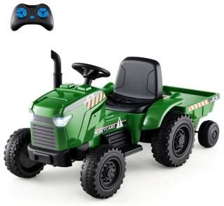 Costway 12V 2-in-1 Kids Ride On Tractor with Trailer and 3-Gear Shift-Grayish Green