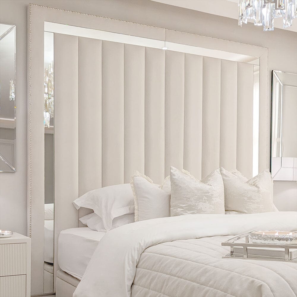 Chelsea Cream Velvet Mirrored Studded Premium Channelled Headboard, Super King
