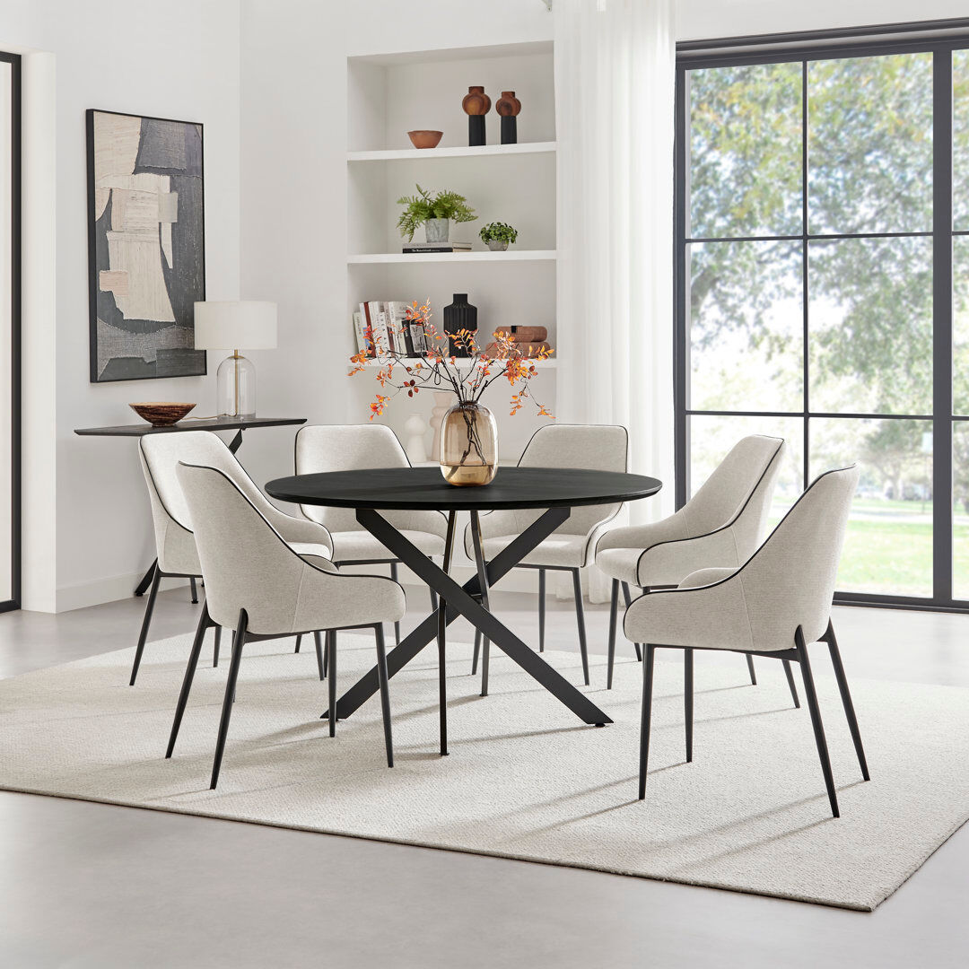 Corrigan Studio Hadlow Veneer & Metal Round Dining Table With Ophelia Fabric Chairs - Modern Statement Design Cream 4