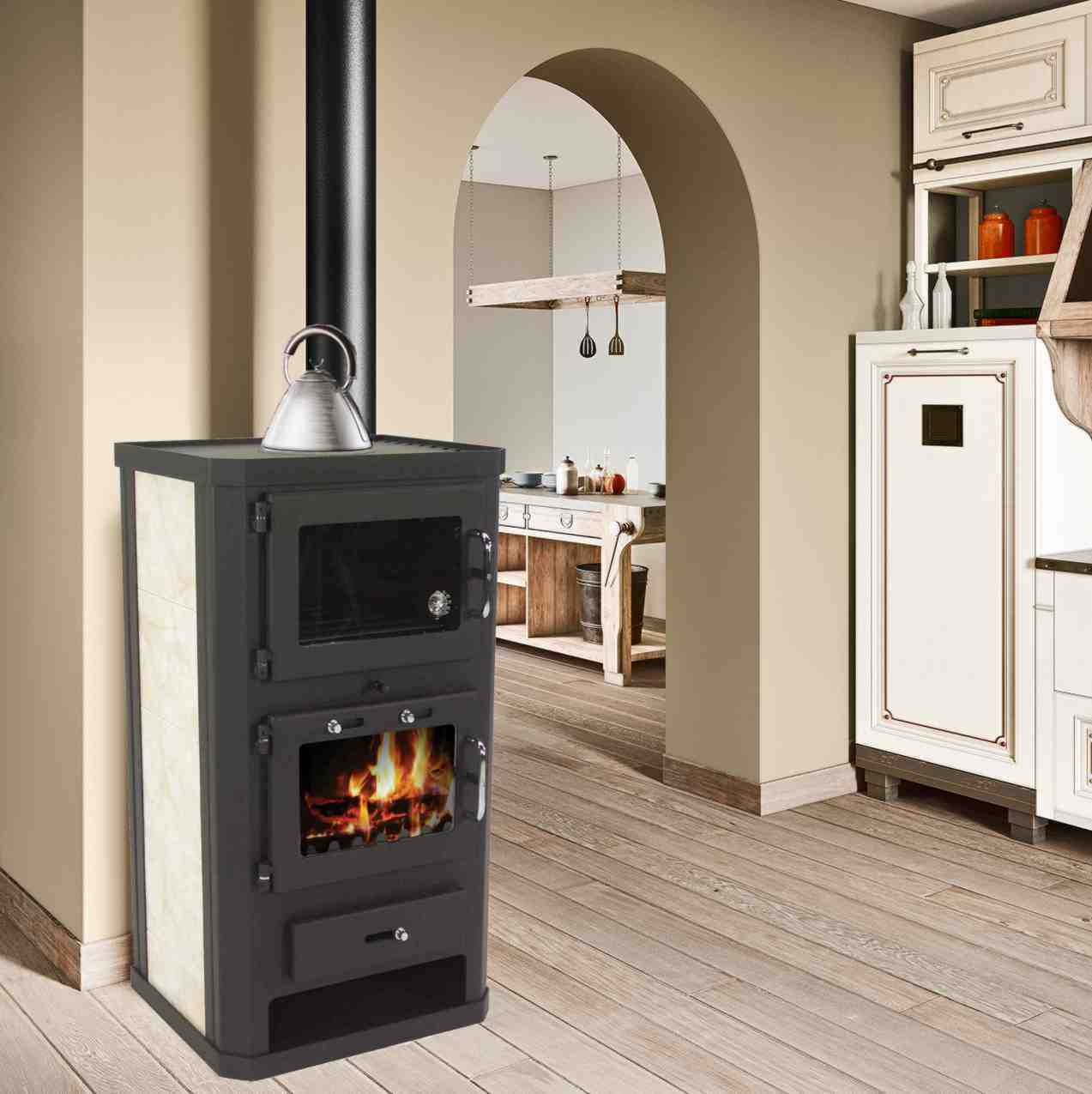 Kaminofen 10kW Backfach + Herdplatte Kachelofen Heizofen Holzofen 56312