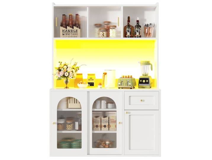 Armoire de cuisine - TRUXEN8 - Blanc - Éclairage LED - Étagères réglables - Sécurité basculement