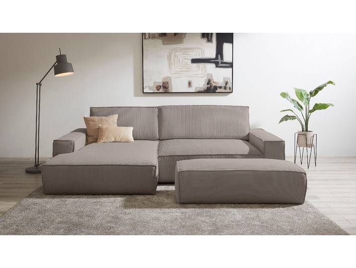 Polsterecke, Cord, Taupe, 284×135 cm, L-Form mit Schlaffunktion, Landhaus, Home-affaire