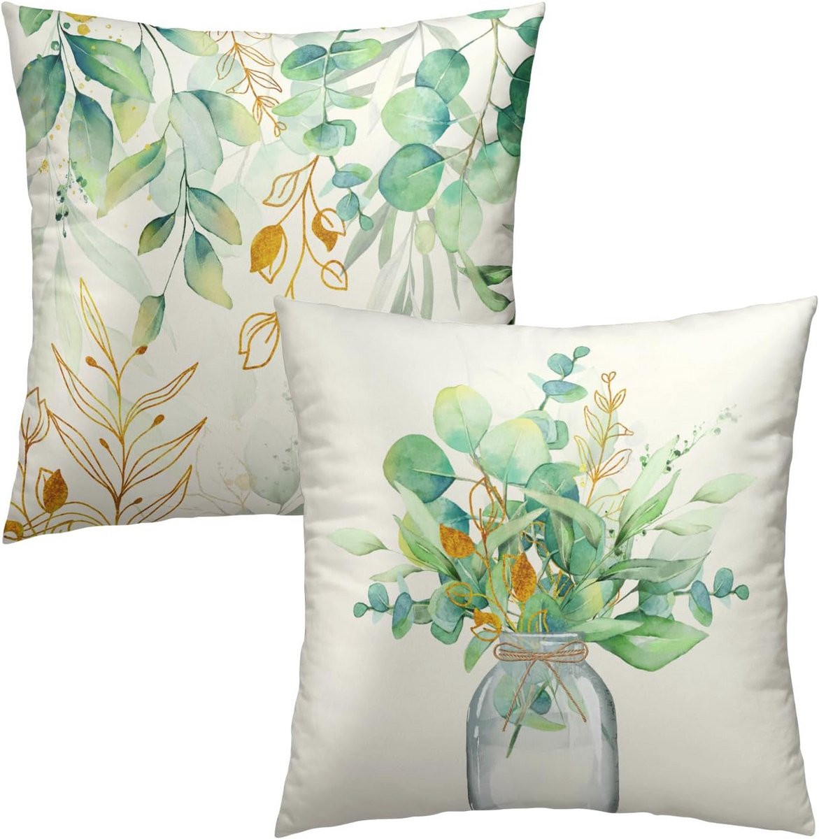 Set van 2 Sierkussenhoezen met Lente Eucalyptus Print in Saliegroen en Goudgroen