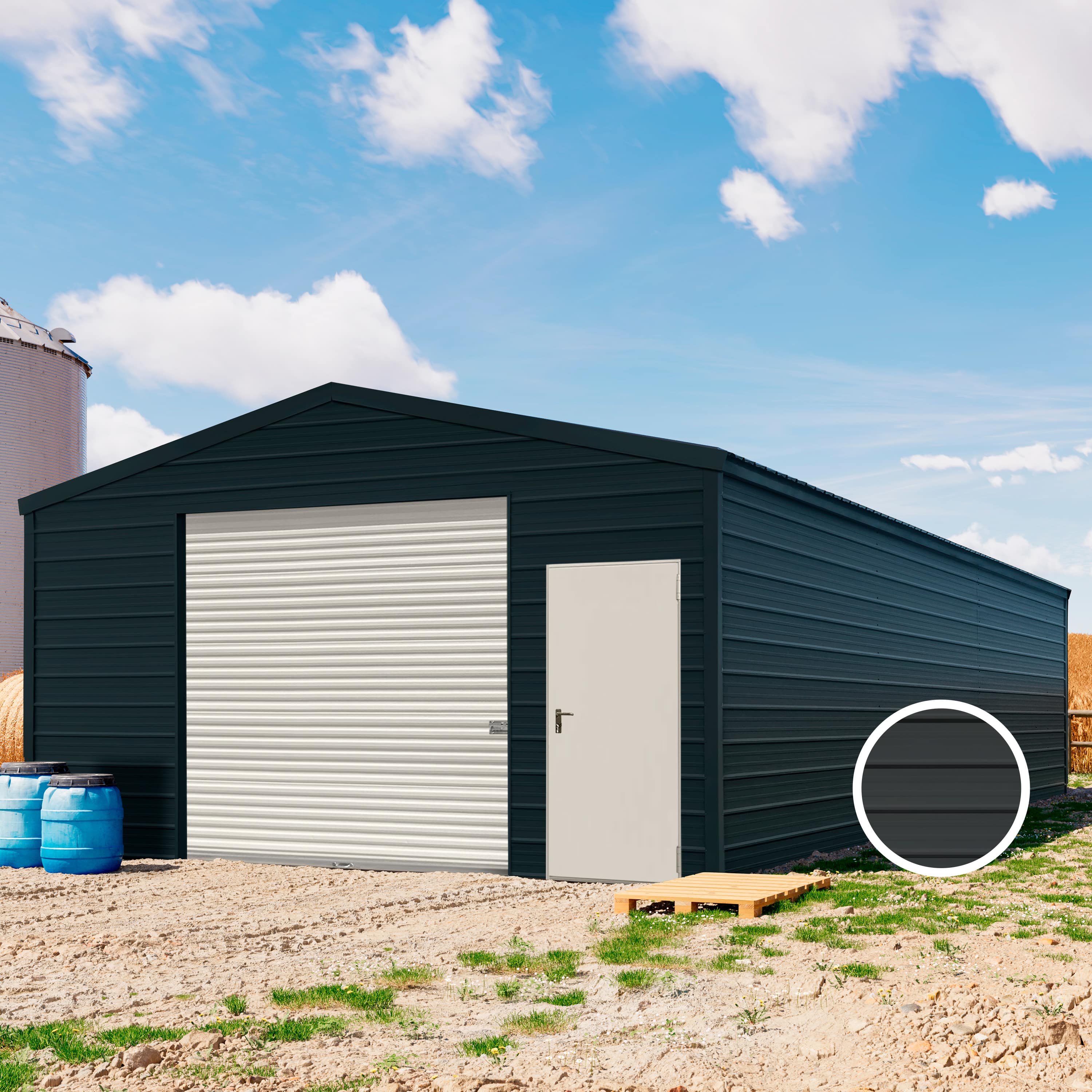 TOM BUILDER 5,7 x 12,2 m ARGO, Stahldach, Leichtbauhalle, Trapezblechverkleidung, Anthrazit, mit Statik (Erduntergrund), mit Regenrinne - (KROV00105)