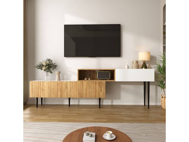 Meuble TV - MODERNLUXE - 220x30x63.4 cm - Modulaire - Aspect bois - Naturel+blanc