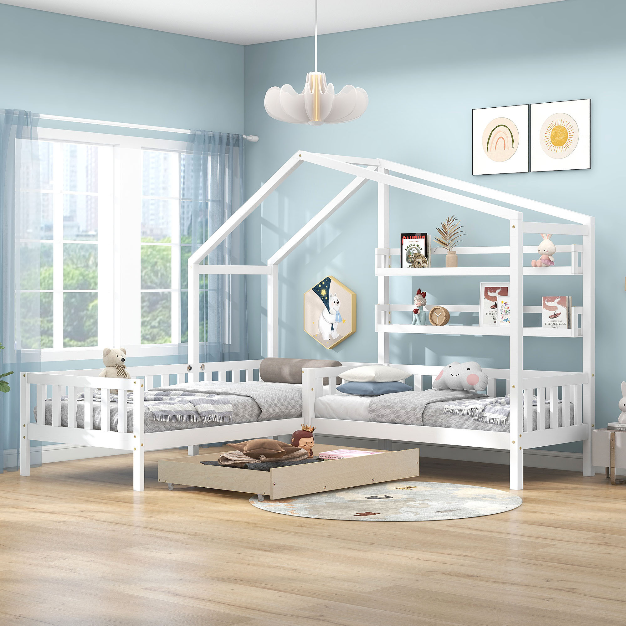 okwish Kinderzimmerbett (90x200 cm + 140x70 cm, weiß) Wunderschönes Kinderbett aus Holz mit Absturzsicherung und Stauraum, skandinavischer Stil, Lattenrost aus Massivholz