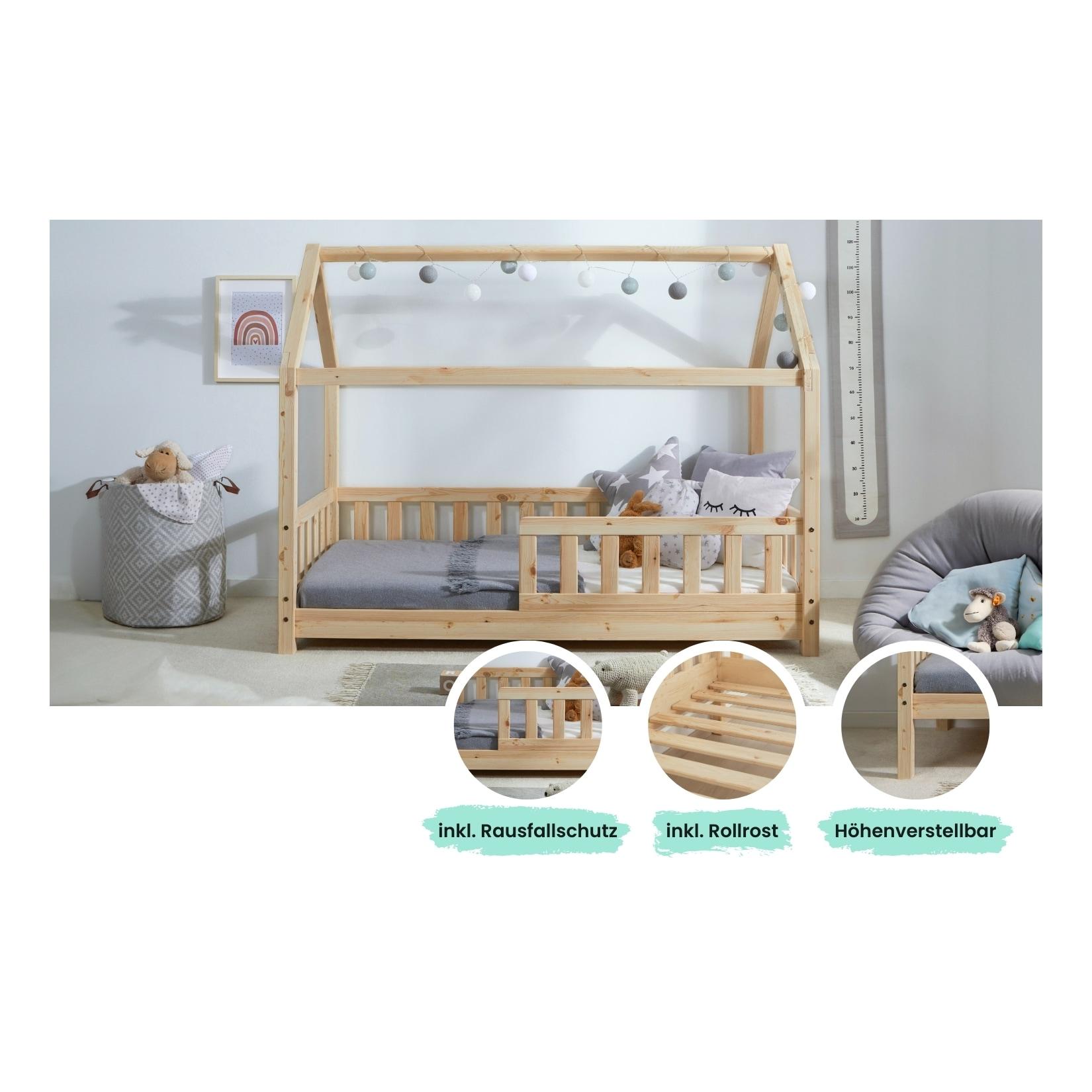 TiCAA Kinderbett Hausbett "Kay" 80x160 Kiefer natur