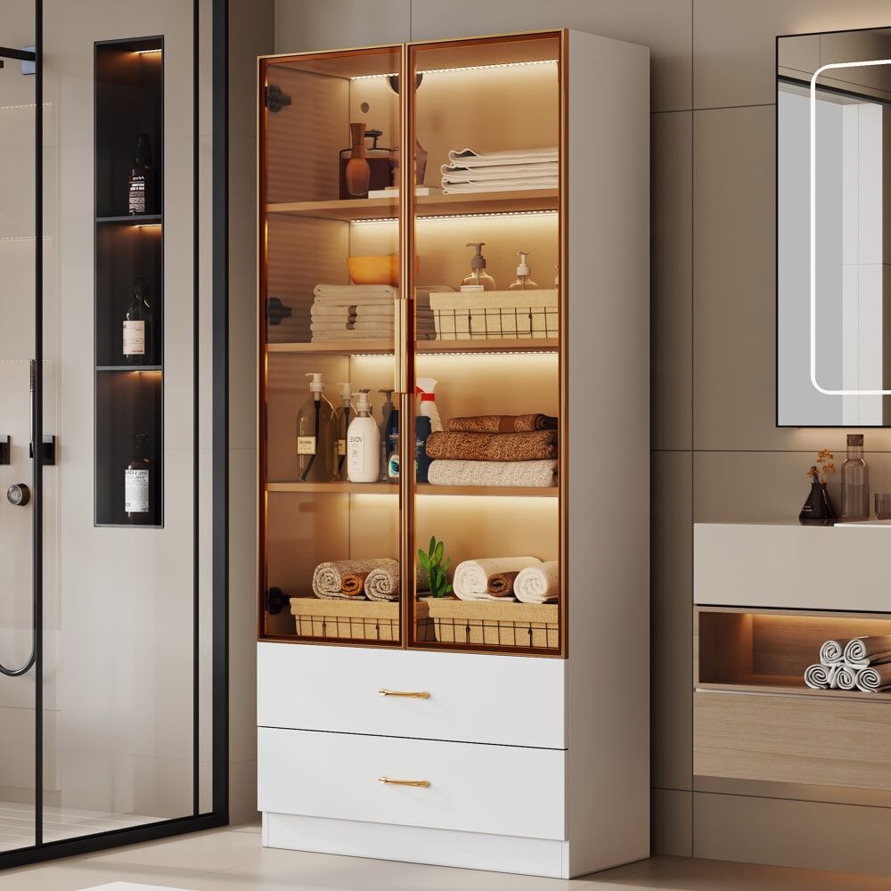 Urban Meuble Vitrina alta blanca con 2 cajones grandes y 2 puertas, con leds