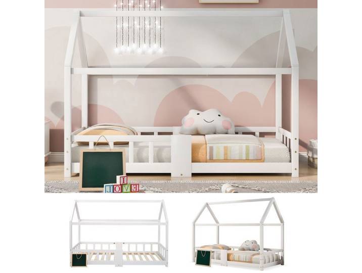 Lit cabane enfant 90x200 cm -LEMLIT - Sommier à lattes inclus - Style Enfant blanc pin massif avec sommier et barrières
