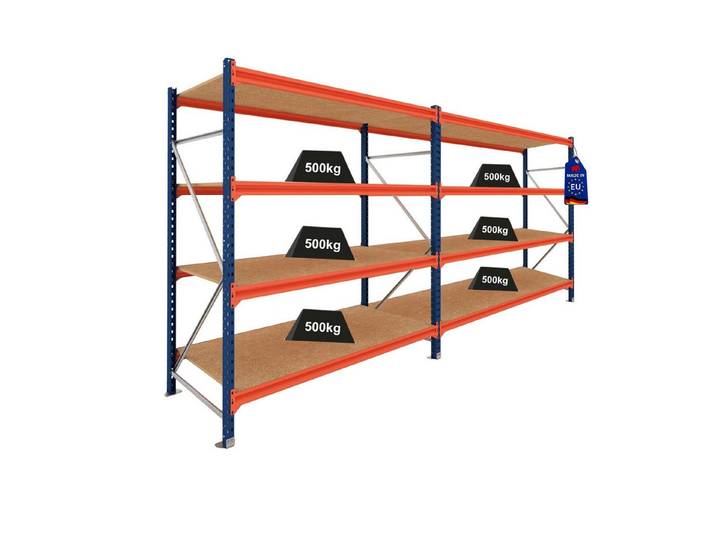 PROREGAL® Schwerlastregal DOMINUS 2 Felder 200x300x40cm 4 Ebenen Spanplatten Blau/Orange