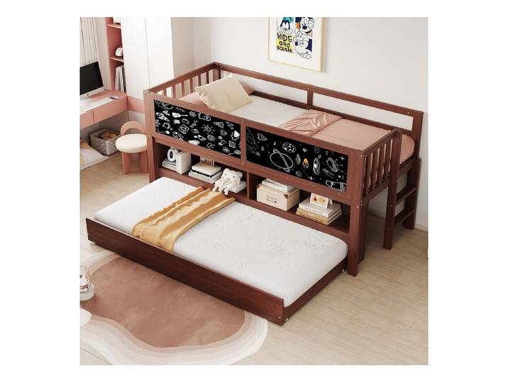 STILVORA Kinderbett 90x200 mit Matratze&Tafel,Hochbett Holzbett mit Ausziehbett&Leiter (mit ausziehbarem Rollbett, Tafeloberfläche und Stauraum, Massivholz, 90x200 cm), Ohne Matratze