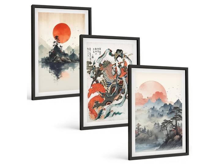 Tulup Bilder SET 3er Set - 40x60 cm Schwarzer Rahmen - Asiatische Japandi-Malereien, Kunststoff, Rechteckig, 40x60 cm, Fotografie, Bilder & Rahmen, Bilder