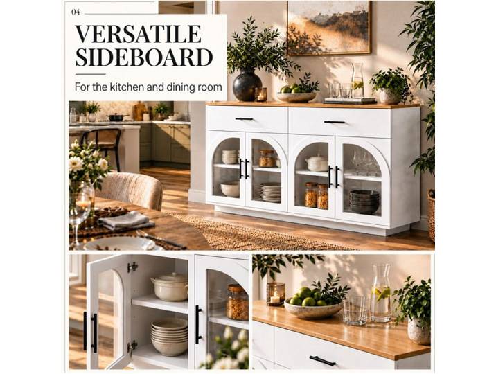 Buffet de cuisine 147 cm avec plan de travail LED intégrée 2 tiroirs 4 portes et étagères blanc naturel ORVRYN