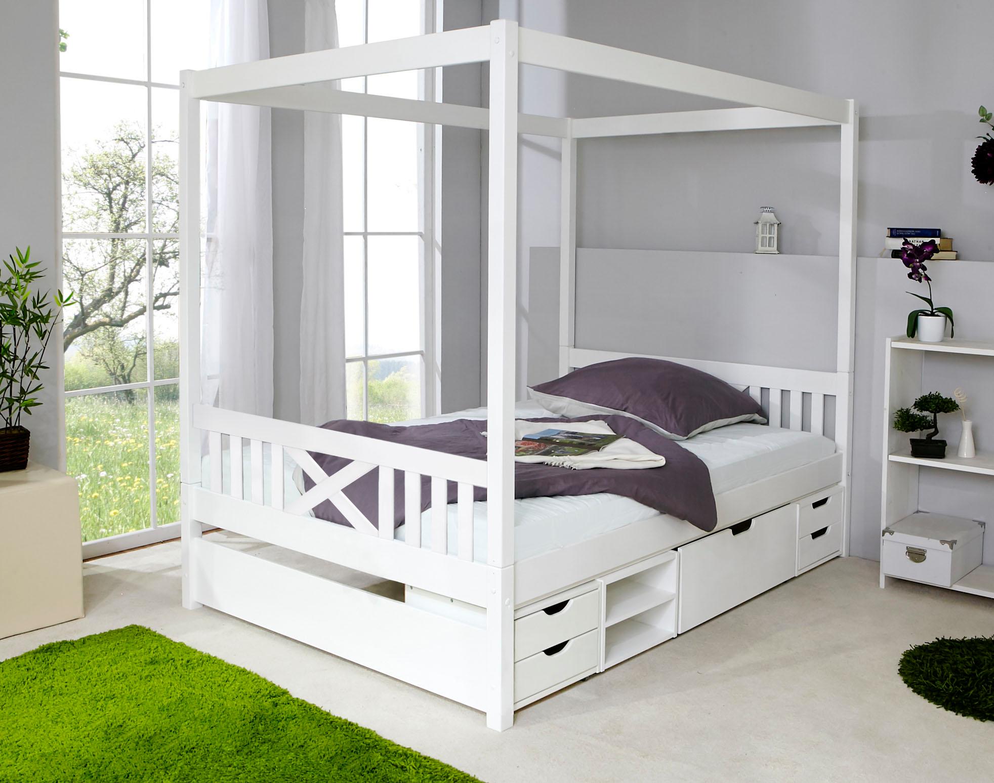 Himmelbett TICAA "Lino", weiss (kiefer massiv weiß gewachst), B:148cm, Betten, Himmelbett, Himmelbett, inkl. Schubkasten und Rollrost kiefer massiv weiß gewachst Liegefläche Länge B: 200cm x 140cm, Mit Funktionsschubkästen »Marlies«, ohne Matratze