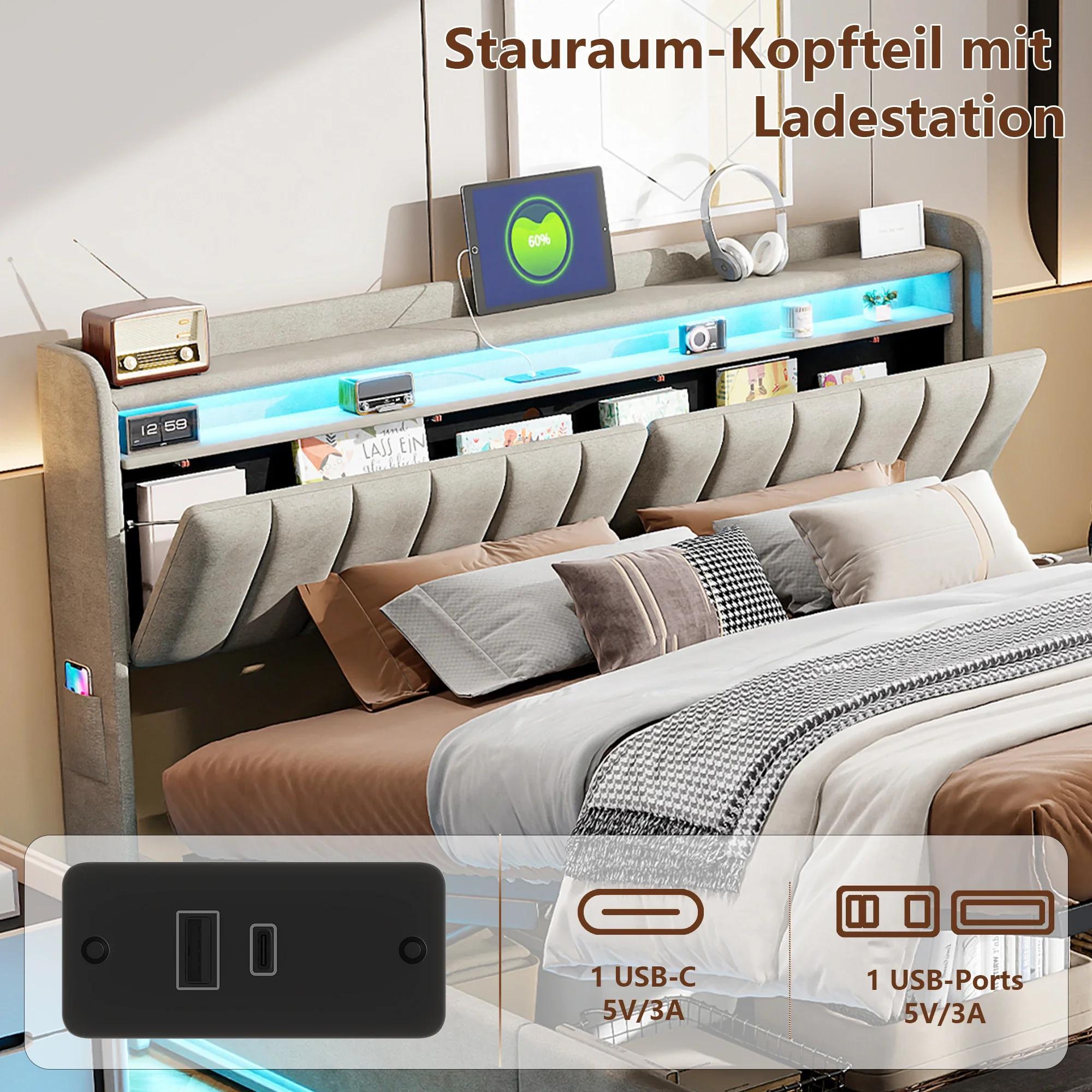 Polsterbett - Einzelbett 90x200 cm - Hydraulischer Bettkasten - Kopfteil mit Stauraum - LED-Beleuchtung & USB-Ladeanschluss - Samt - Grau
