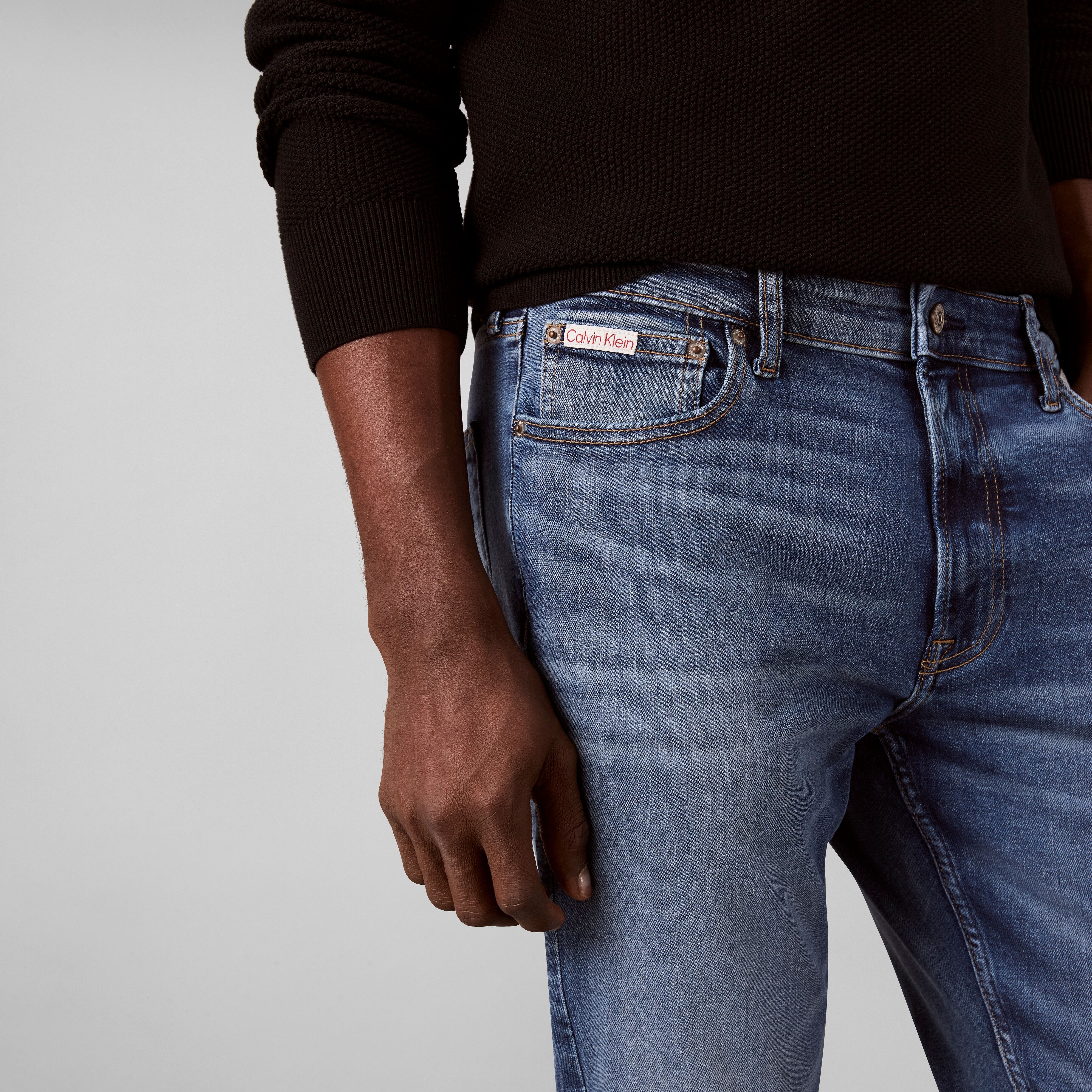 Skinny-fit-Jeans CALVIN KLEIN JEANS "SKINNY", Herren, Gr. 34, Länge 34, blau (high tide), Denim/Jeans, Obermaterial: 80% Baumwolle, 12% Polyester, 6% Elastomultiester, 2% Elasthan, skinny fit normal, Jeans Skinny-fit-Jeans, mit Leder-Badge high tide 34, L