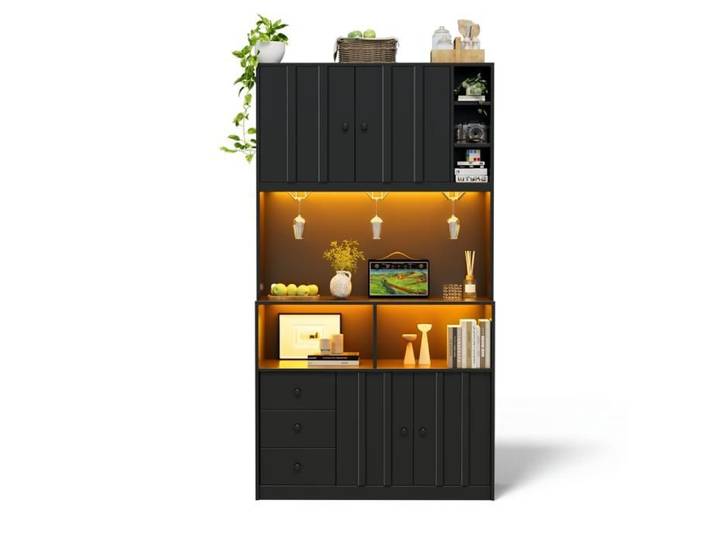 Buffet de Cuisine - Vaisselier Armoire de Cuisine Buffet Salon Rangement Étagères Réglables - 4 Placards - 3 Tiroirs - Noir