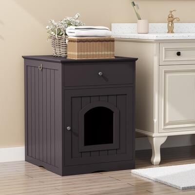 GREATPLANINC Wooden Cat Litter Box with Drawer Side Table Storage Table Console Table Pet Crate Nightstand Cat Hole for Pet House,Brown