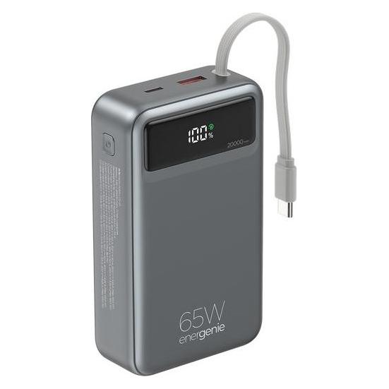 Gembird Powerbank z szybkim ładowaniem 65 W i zintegrowanymi kablami, 20000 mAh, czarny (20000 mAh, 65 W) (PB20-PD65-LCD-01)