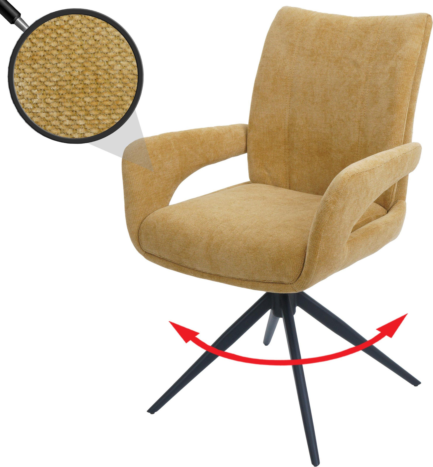 Mendler Eetkamerstoel HWC-O78, draaibare keukenstoel met automatisch terugdraaimechanisme, chenille textiel, mosterelgeel