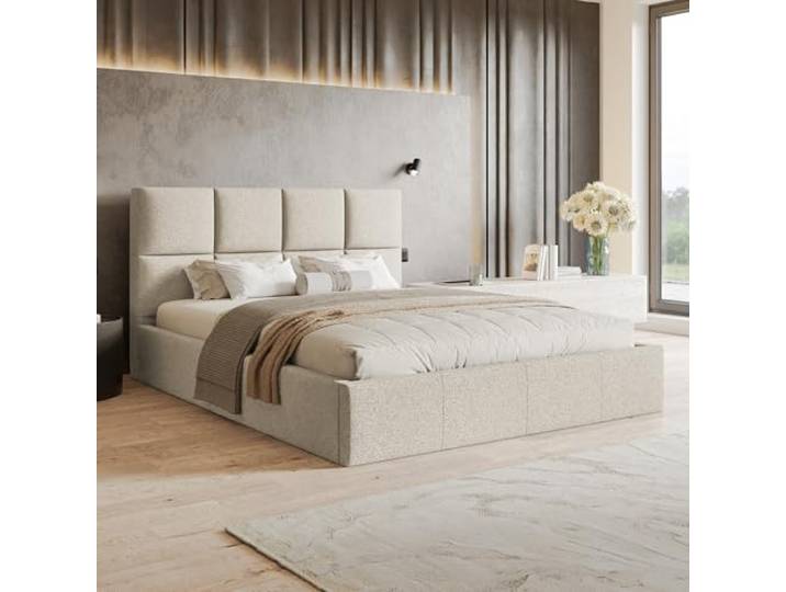 MOTIVENA Star Bett 160x200 Beige Strukturstoff, mit Stauraum, mit Kopfteil, mit Lattenrost, ohne Füße, ohne Matratze, Polsterbett 160x200 mit Bettkasten Beige (Creme)
