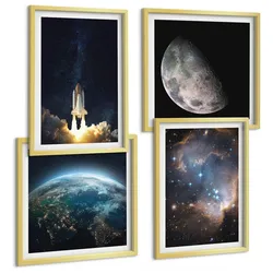BILDER SET 4er Set - 50x50 cm & 40x60 cm Goldrahmen - Weltraum Erde Rakete Galaxie