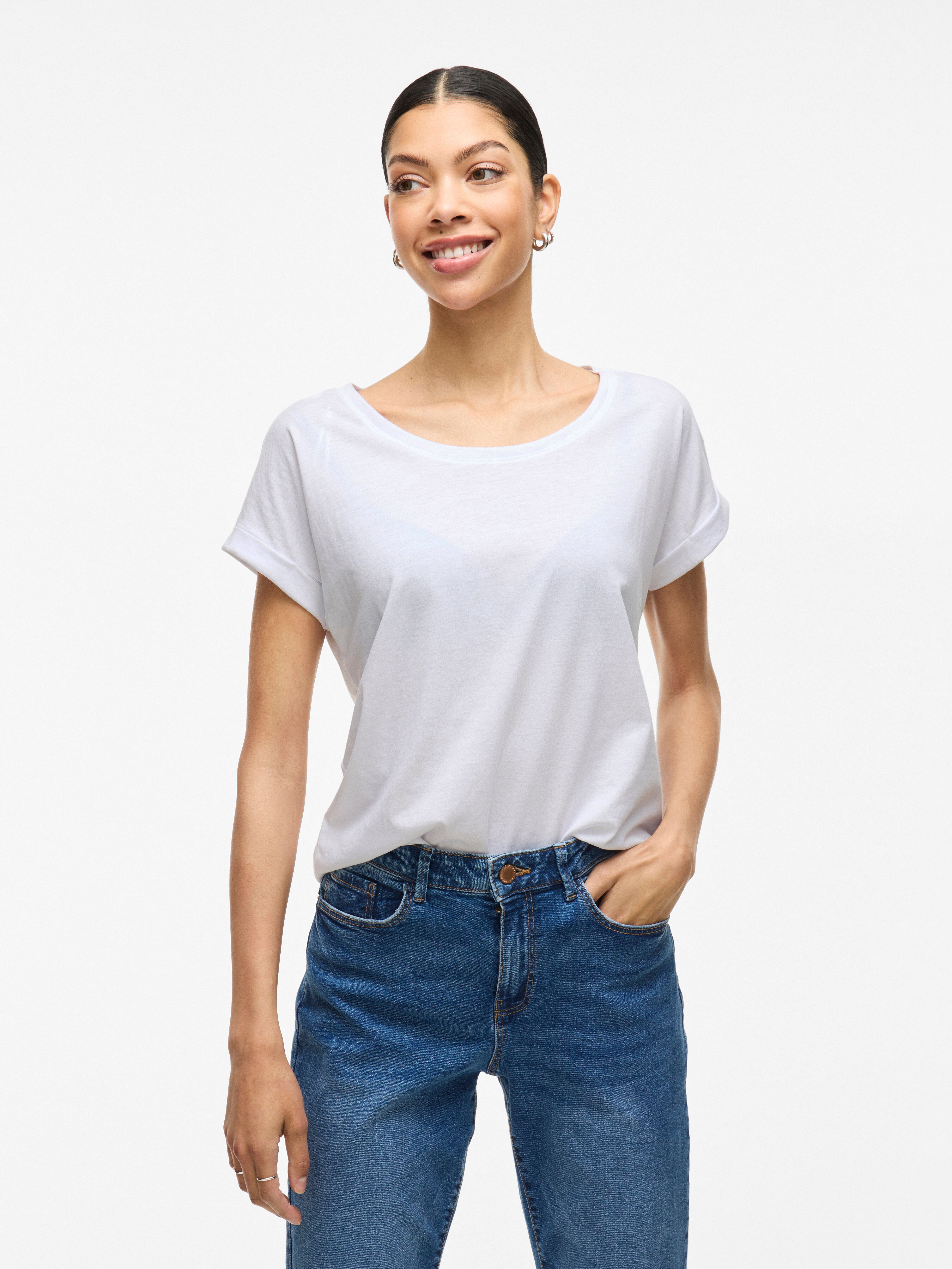 Rundhalsshirt VILA "VIDREAMERS NEW PURE T-SHIRT/SU-NOOS", Damen, Gr. S, weiss (optical snow), Jersey, Obermaterial: 50% Baumwolle, 50% Polyester, unifarben, regular fit normal, Rundhals, Shirts Rundhalsshirt, Baumwollmischung, regular fit optical snow S