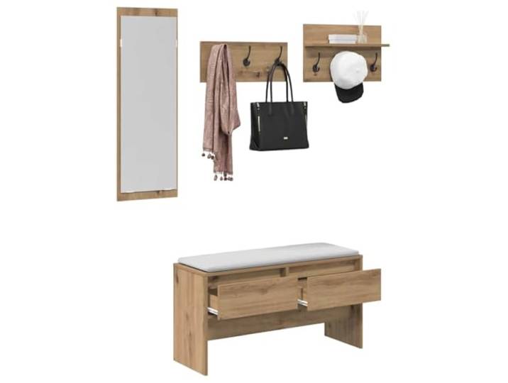 KTHLBRH Möbel-Set für Eingang, Eichenholz, 90 x 31 x 46,5 cm Mehrschichtige Holzbank mit 2 Schubladen, Acrylspiegel, 2 Kleiderbügel, Traglast 110 kg