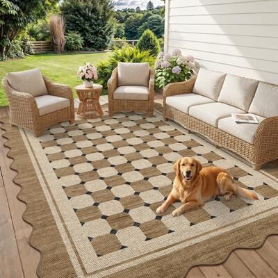 Garvee Scalloped Easy Jute Indoor Outdoor Geometric Checkered Area Rug