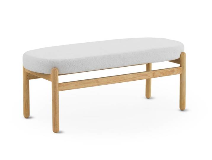 Banc tapissé en boucle blanche avec structure et pieds en pin