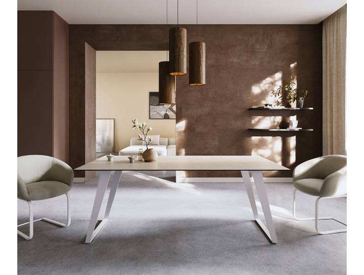 Esstisch Edge 200x100 Keramik Laminam® Travertino Bianco Creme-Weiß Metall Schräg Weiß, Esstische